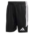 A front view of black Adidas athletic shorts with three white vertical stripes along the side and a white Adidas logo on the lower left leg.