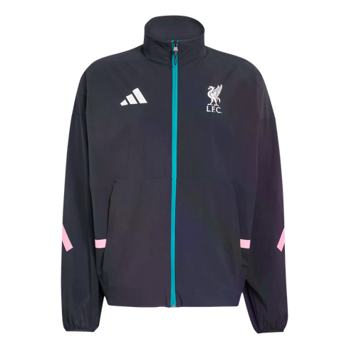 Black Adidas Liverpool F.C. windbreaker featuring a teal front zipper, white logos on the chest, and pink sleeve accents.