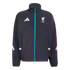 Black Adidas Liverpool F.C. windbreaker featuring a teal front zipper, white logos on the chest, and pink sleeve accents.