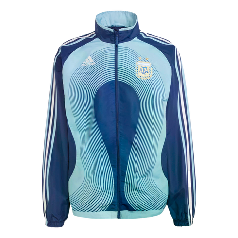 Blue Adidas Argentina national football team track jacket with the AFA crest and light blue wavy graphic patterns on the front.