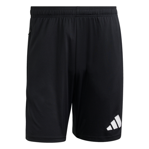Front view of black athletic shorts with an elastic waistband and a white Adidas logo on the lower leg.