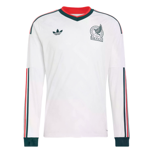A white long-sleeve Mexico national team soccer jersey with a vintage Adidas logo, team crest, and green and red stripes on the sleeves and trim.
