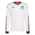 A white long-sleeve Mexico national team soccer jersey with a vintage Adidas logo, team crest, and green and red stripes on the sleeves and trim.