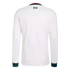 Back view of a white long-sleeved Mexico soccer jersey with green and red collar accents and dark green cuffs. A small Mexico logo is on the upper back.