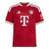 A red FC Bayern Munich football jersey with white and gold accents, featuring the team crest and a large white "T" sponsor logo on the front.