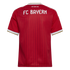 Back of a red FC Bayern Munich soccer jersey featuring white "FC BAYERN" and "MIA SAN MIA" lettering with white and gold trim on the sleeves.