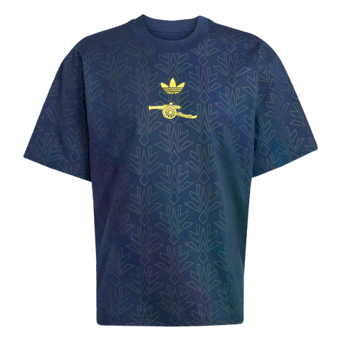 Navy blue t-shirt with an iridescent geometric pattern, featuring gold Adidas Trefoil and Arsenal FC cannon logos on the chest.