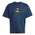 Navy blue t-shirt with an iridescent geometric pattern, featuring gold Adidas Trefoil and Arsenal FC cannon logos on the chest.
