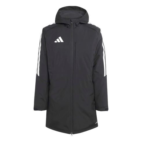 Long black Adidas hooded parka with white logo and three-stripe sleeve detail.