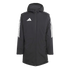 Long black Adidas hooded parka with white logo and three-stripe sleeve detail.