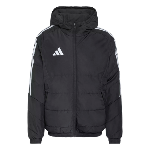 Black Adidas hooded puffer jacket with white stripes on the sleeves and a white logo on the chest.