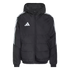 Black Adidas hooded puffer jacket with white stripes on the sleeves and a white logo on the chest.