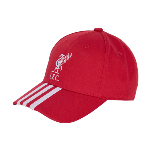 A red baseball cap featuring a white embroidered Liverpool FC crest on the front and three white stripes on the brim, set against a black background.