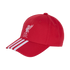 A red baseball cap featuring a white embroidered Liverpool FC crest on the front and three white stripes on the brim, set against a black background.
