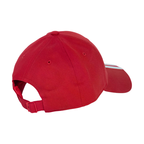 Rear side view of a red baseball cap with an adjustable back strap and white stripes on its brim.