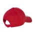 Rear side view of a red baseball cap with an adjustable back strap and white stripes on its brim.