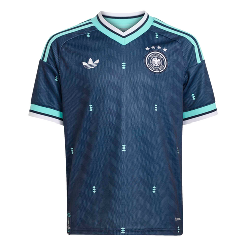 A dark blue Adidas Germany football jersey featuring mint green and white accents, a subtle herringbone pattern, and the national team crest on the chest.