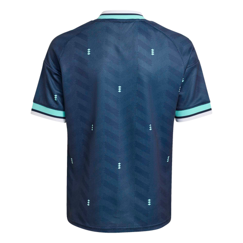 The back of a dark teal sports jersey featuring a chevron pattern, light teal diamond accents, and striped sleeve cuffs and collar, isolated on a black background.