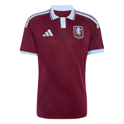 A claret Adidas Aston Villa football jersey featuring white trim on the collar, cuffs, and shoulders, with the club's crest on the chest.