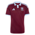 A claret Adidas Aston Villa football jersey featuring white trim on the collar, cuffs, and shoulders, with the club's crest on the chest.
