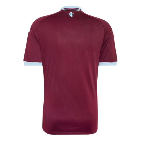 Back of a maroon football shirt featuring light blue cuffs and collar. A small light blue lion emblem is displayed below the collar.