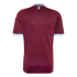 Back of a maroon football shirt featuring light blue cuffs and collar. A small light blue lion emblem is displayed below the collar.