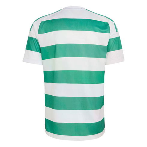 Back view of a short-sleeved football jersey with horizontal green and white stripes on a white background.