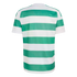 Back view of a short-sleeved football jersey with horizontal green and white stripes on a white background.