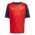 Red Spain home soccer jersey with navy blue sleeves and collar. Features yellow vertical pinstripes, an Adidas logo, and the Spanish national team crest on the chest.