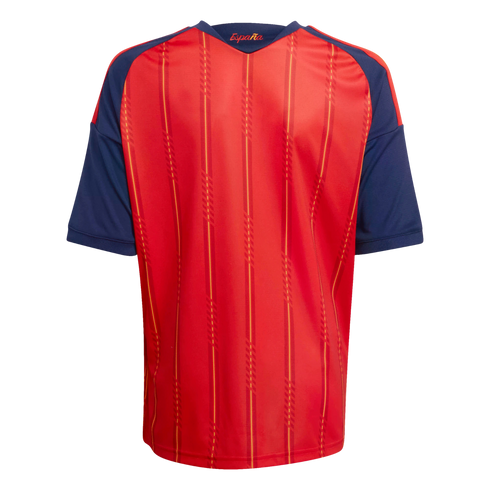 Back view of a red short-sleeved Spain national soccer jersey with blue sleeves and collar. Features vertical yellow and red pinstripes and the word "España" inside the neckline.