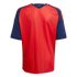 Back view of a red short-sleeved Spain national soccer jersey with blue sleeves and collar. Features vertical yellow and red pinstripes and the word "España" inside the neckline.