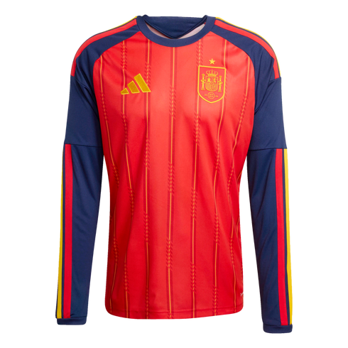 Long-sleeved red Spain national team soccer jersey with navy sleeves, yellow pinstripes, and gold team logos.