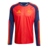 Long-sleeved red Spain national team soccer jersey with navy sleeves, yellow pinstripes, and gold team logos.