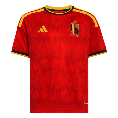 Red Adidas Belgium home soccer jersey with a subtle flame-patterned graphic, yellow shoulder stripes, and the Royal Belgian FA crest on the chest.
