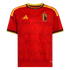 Red Adidas Belgium home soccer jersey with a subtle flame-patterned graphic, yellow shoulder stripes, and the Royal Belgian FA crest on the chest.