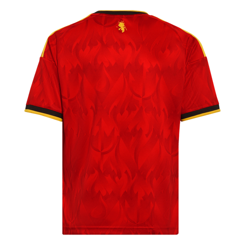 Back view of a red sports jersey with a tonal flame and trident pattern, black and yellow trim, and a small yellow devil logo below the collar.