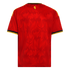 Back view of a red sports jersey with a tonal flame and trident pattern, black and yellow trim, and a small yellow devil logo below the collar.