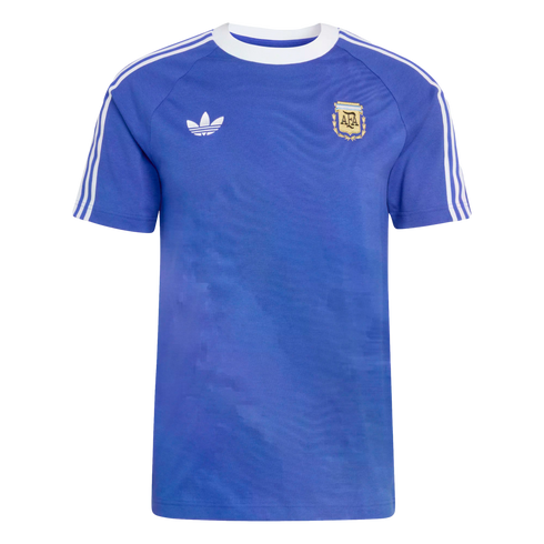 A blue short-sleeved Adidas t-shirt featuring a white crew neck, three white stripes on each sleeve, a white trefoil logo on the right chest, and the Argentina national football team (AFA) crest on the left chest.
