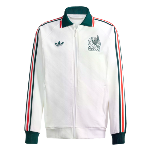 White Adidas Mexico track jacket featuring a green collar, tricolor stripes on the sleeves, a trefoil logo, and the national team crest.