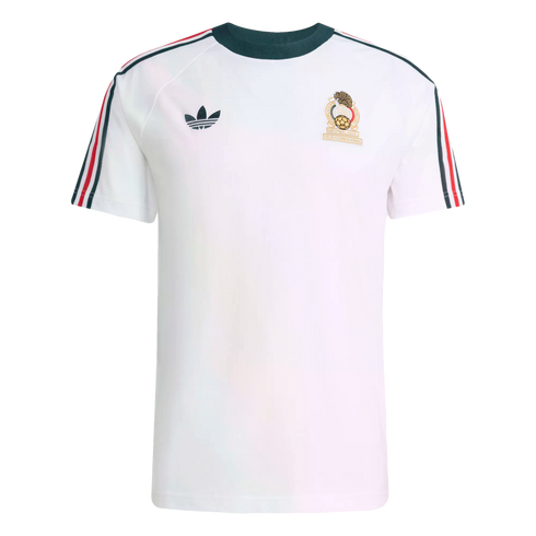A white short-sleeved Adidas t-shirt with a dark green crew neck, featuring a trefoil logo and a Mexican national football team crest on the chest. The sleeves are accented with green, white, and red stripes.