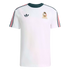 A white short-sleeved Adidas t-shirt with a dark green crew neck, featuring a trefoil logo and a Mexican national football team crest on the chest. The sleeves are accented with green, white, and red stripes.