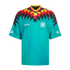 Teal Adidas Germany soccer jersey with a red, yellow, and black geometric diamond pattern across the chest and shoulders, featuring the national team crest and white Adidas logo.