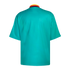 Back view of a teal short-sleeved jersey featuring a polo collar with yellow, red, and black horizontal stripes.