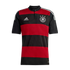 Adidas Germany national team soccer jersey with red and black horizontal stripes, a black button-up collar, and the team crest with four stars.