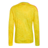 Back view of a yellow long-sleeved soccer jersey with a tonal butterfly pattern, orange stripes, and "COLOMBIA" printed on the upper back.