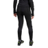 Rear view of a person wearing black padded athletic leggings, a long-sleeve padded top, tall black socks, and soccer cleats against a plain white background.