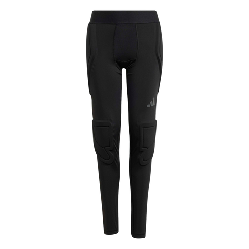 A pair of black full-length sports leggings with built-in padding on the hips and knees, and a subtle three-bar logo on the left thigh.