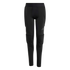 A pair of black full-length sports leggings with built-in padding on the hips and knees, and a subtle three-bar logo on the left thigh.