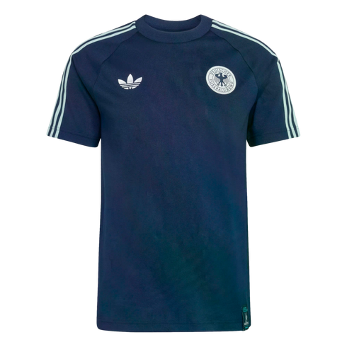 Navy blue Adidas short-sleeve shirt featuring white shoulder stripes, a trefoil logo, and the German national football team crest on the chest.