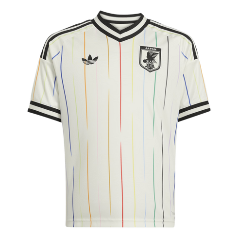 A white Adidas Japan football jersey featuring thin, multicolored vertical pinstripes and black-and-white striped detailing on the collar and sleeves.